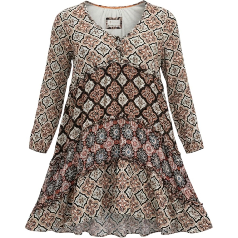 Anthropologie Tunic Boho Tiered Ruffle Tile Print Peasant Dress Womens XS